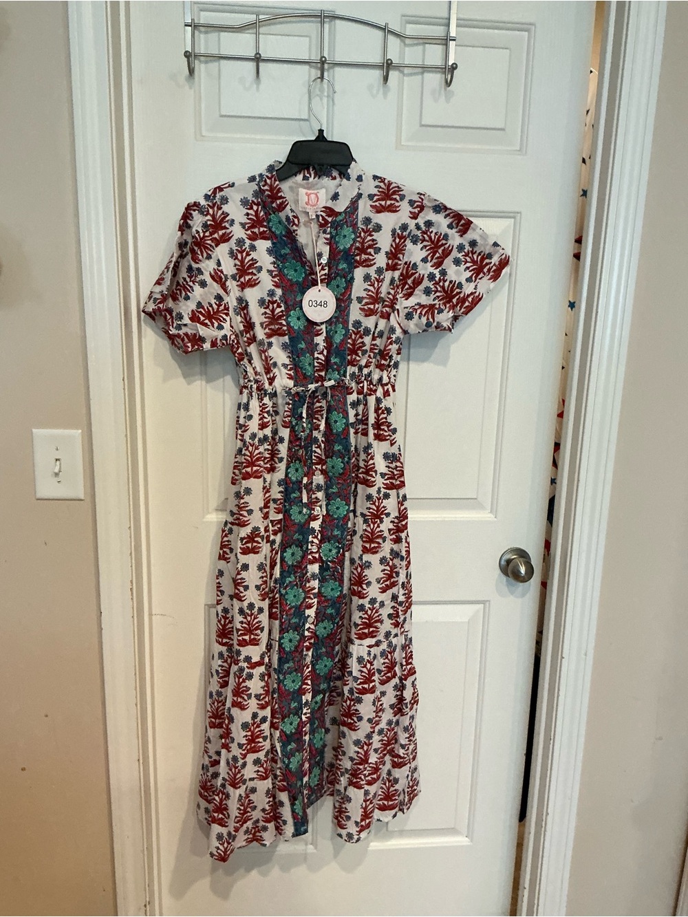 Victoria Dunn White Maxi Dress with Red Floral Print and Teal Trim